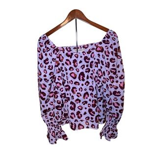 Grace + Emma Leopard Blouse Womens Medium Pink Burgundy Square Neck Smocked Cuff
